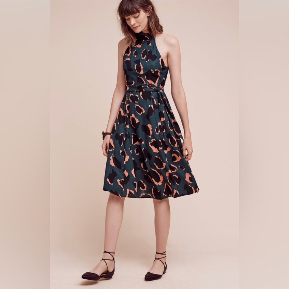 Elliatt Teal and Coral Halter Neck Printed Fit-and-Flare Dress
